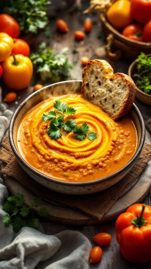 A bowl of turmeric lentil soup topped with cilantro, accompanied by a slice of bread.