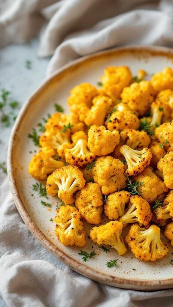 A plate of turmeric roasted cauliflower garnished with fresh herbs.