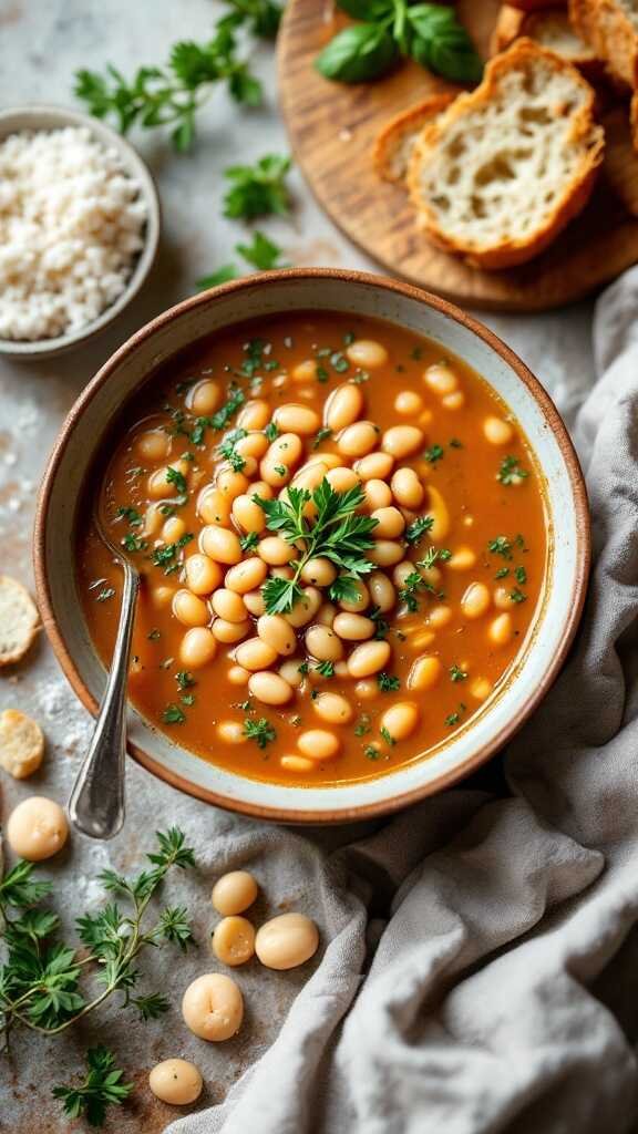 A bowl of Tuscan White Bean Soup garnished with fresh herbs.