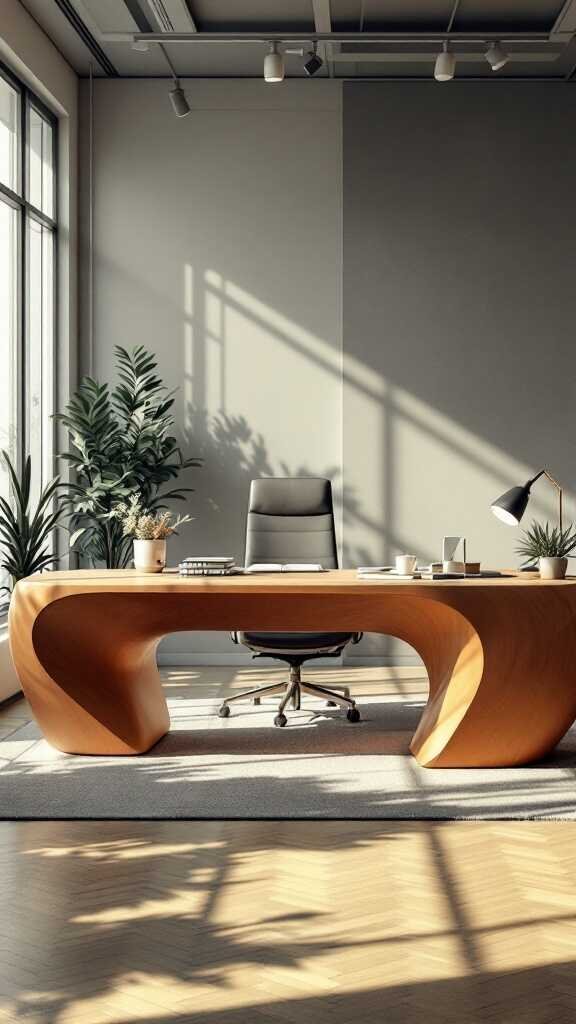A modern home office with a uniquely shaped wooden desk and a comfortable chair.