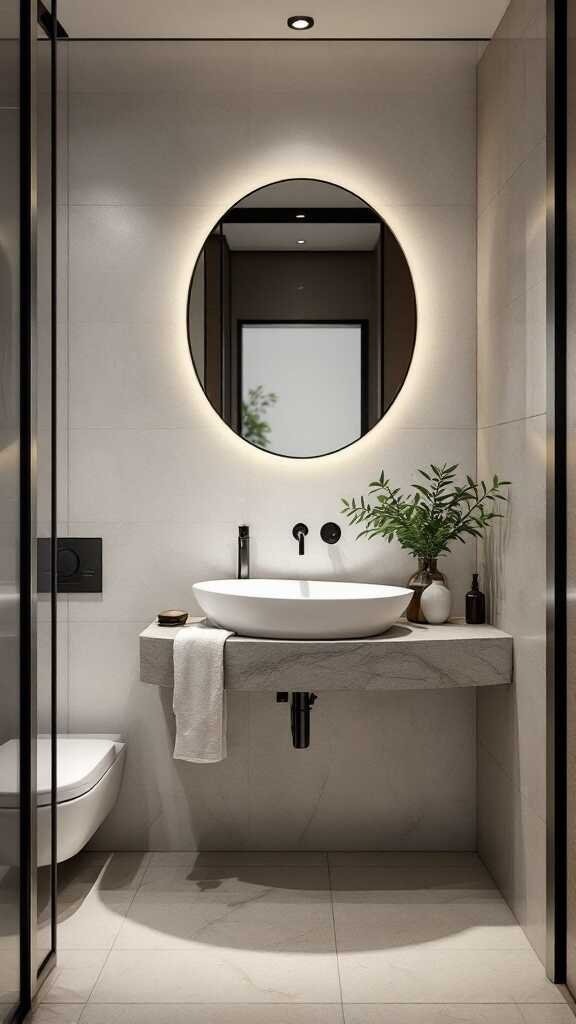 Modern small bathroom featuring a unique sink design with a round mirror and a floating shelf.