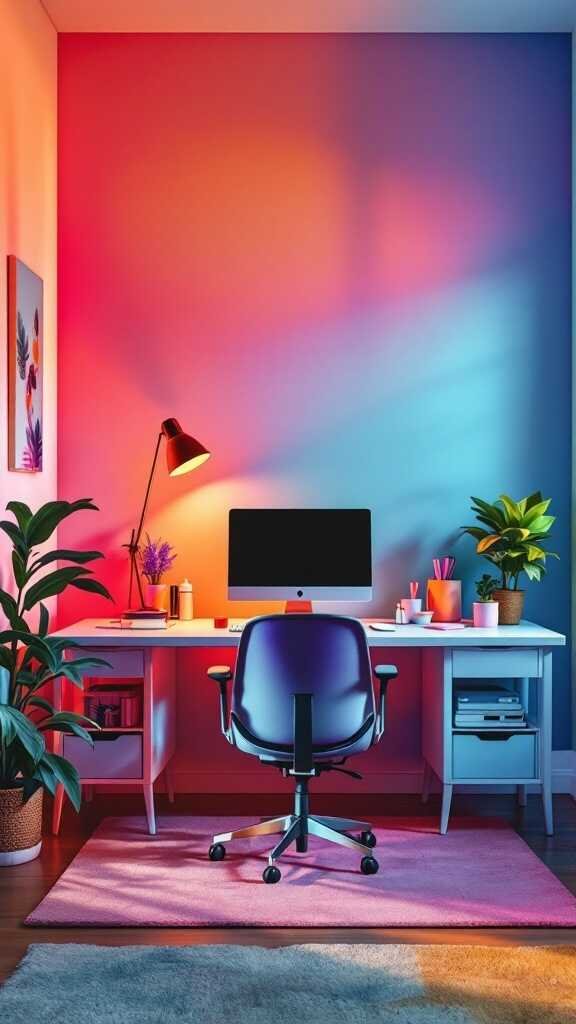 A modern feminine home office featuring a desk, chair, and colorful walls.