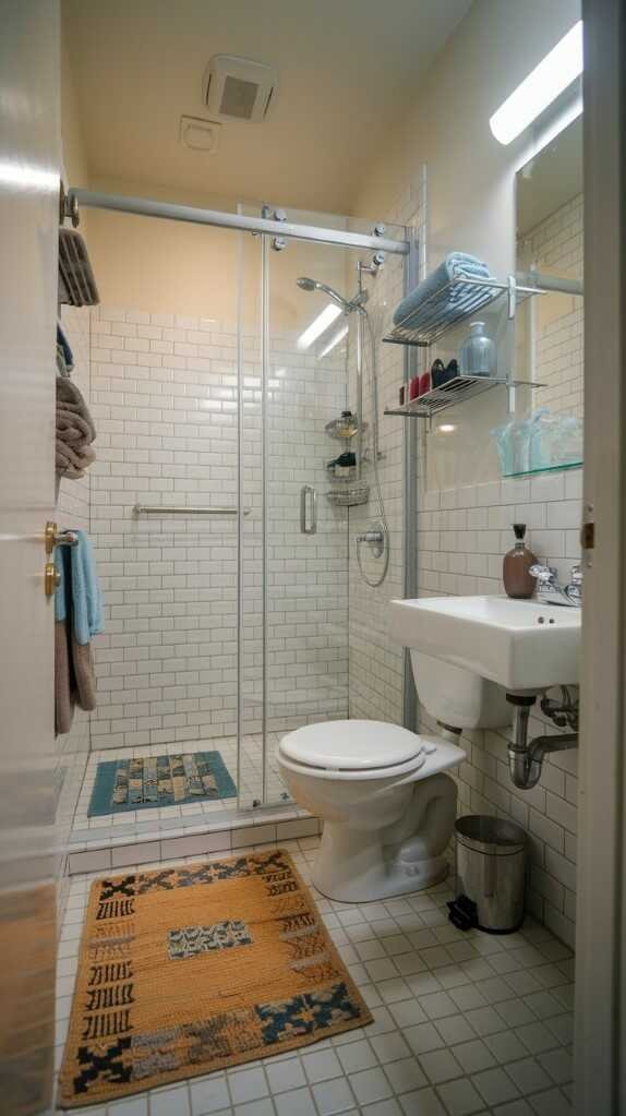 A modern small bathroom with a tub and a decorative rug