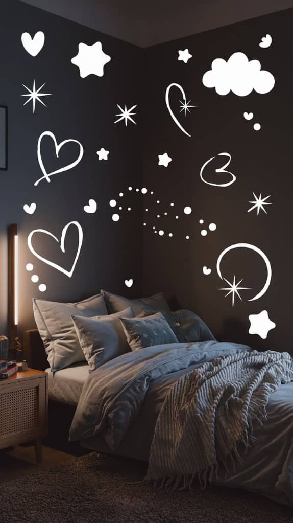 A dark bedroom with playful white wall decals and a cozy bed adorned with pillows.