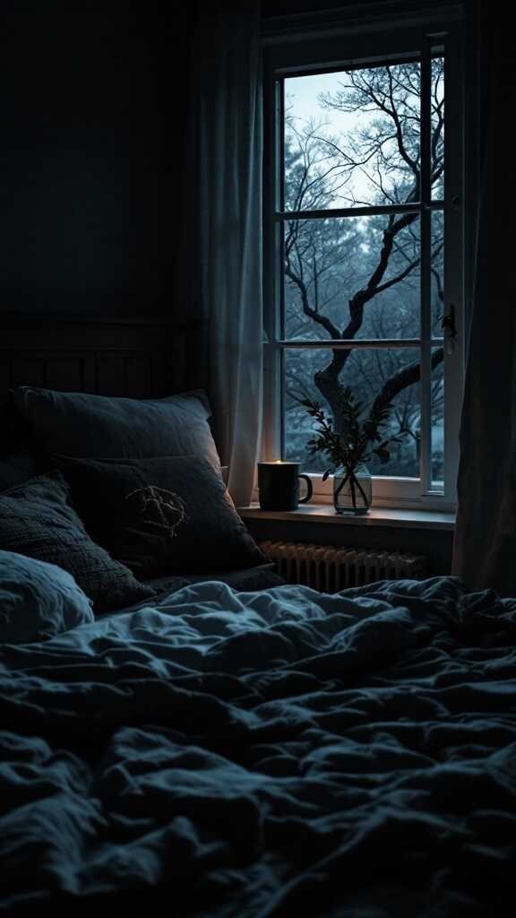 A dark bedroom scene with a cozy bed, soft pillows, and a window showing trees outside.