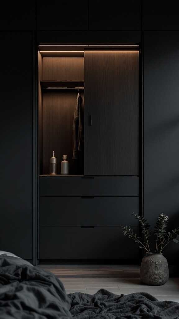 A modern wardrobe with hidden storage in a dark bedroom setting, featuring warm lighting and a minimalist design.