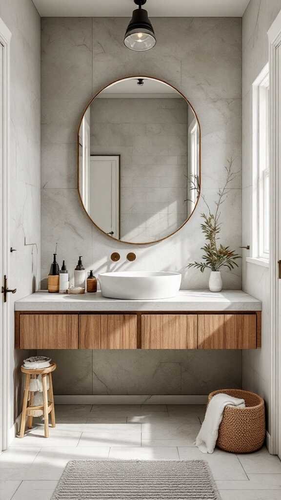 A modern small bathroom featuring a stylish round mirror, wooden vanity, and minimalist decor.