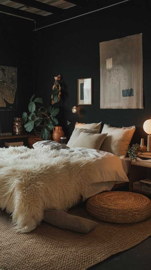 Cozy dark bedroom featuring natural materials with a dark wall, soft bedding, and a woven rug.