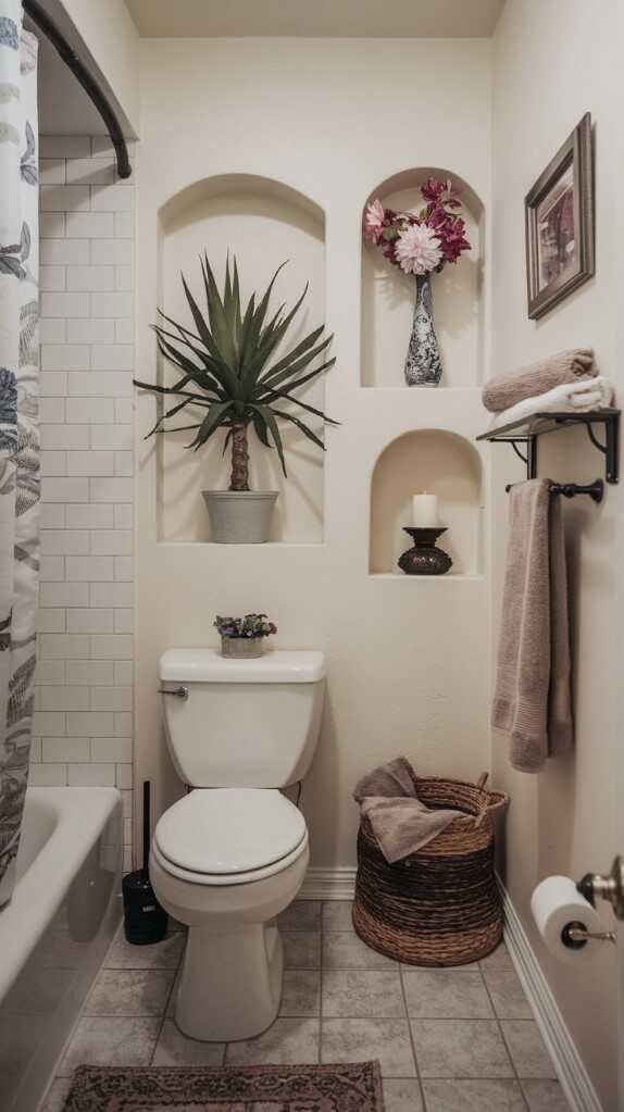 Modern small bathroom with efficient use of nooks and alcoves