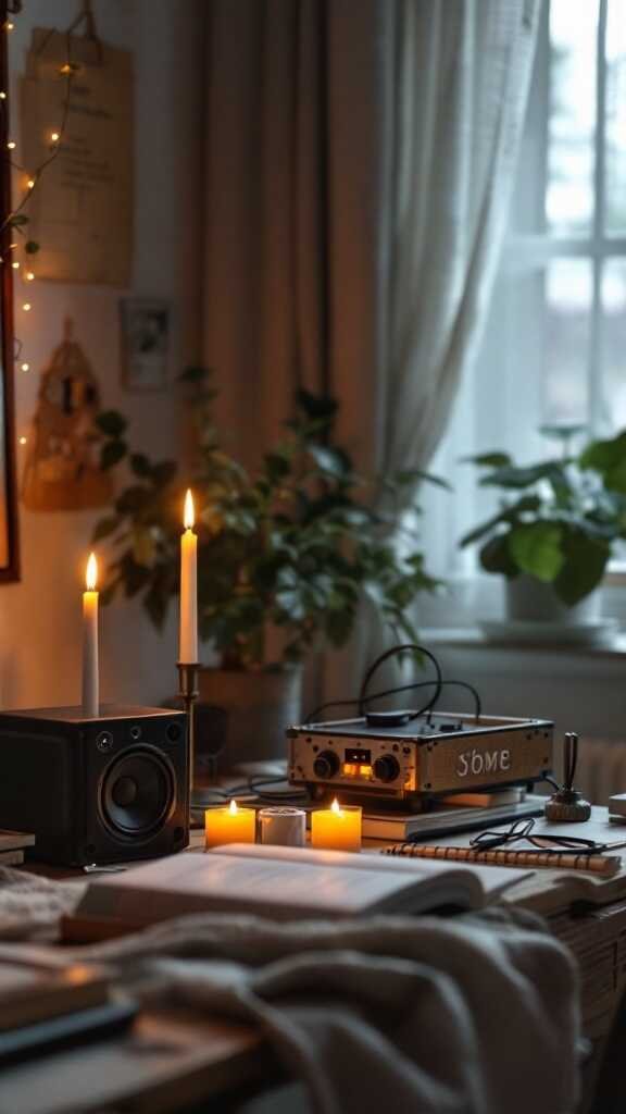 A feminine home office setup featuring candles, a speaker, and indoor plants.