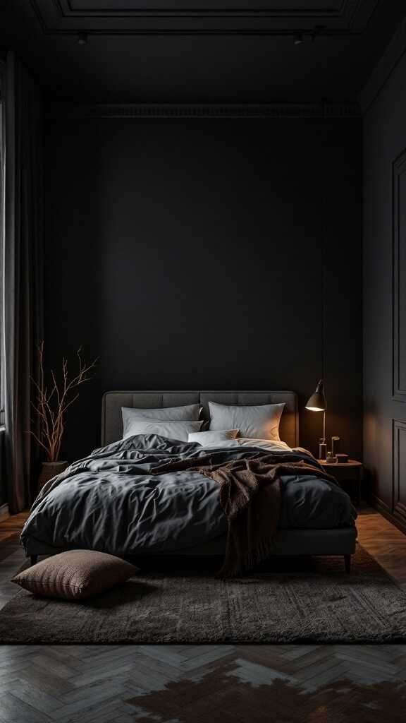 Cozy dark bedroom with a corner bed, featuring moody colors and warm textures.