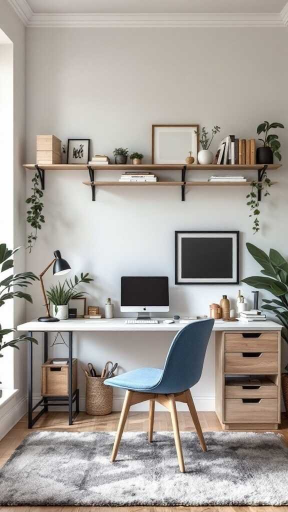 A modern home office with wall shelves, a desk, and plants.