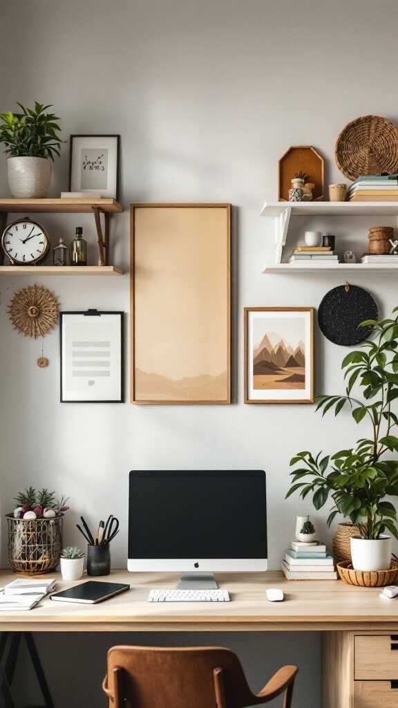 A feminine home office with vertical shelves displaying plants and decor.