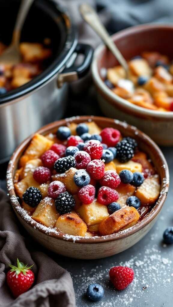 A serving of vegan bread pudding topped with fresh berries in a bowl.