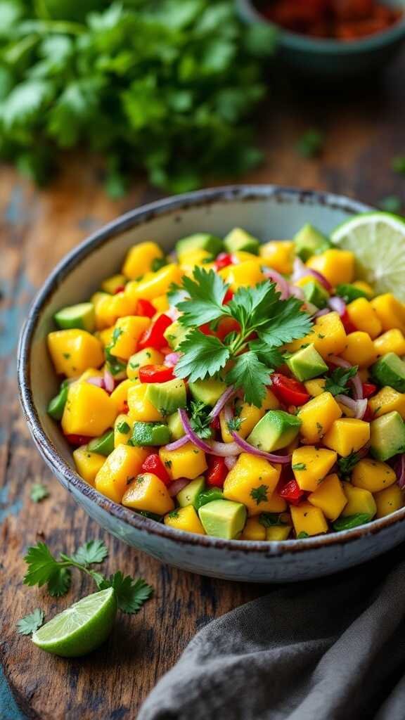 A colorful bowl of vegan ceviche featuring diced mango, avocado, bell peppers, red onion, and topped with cilantro.