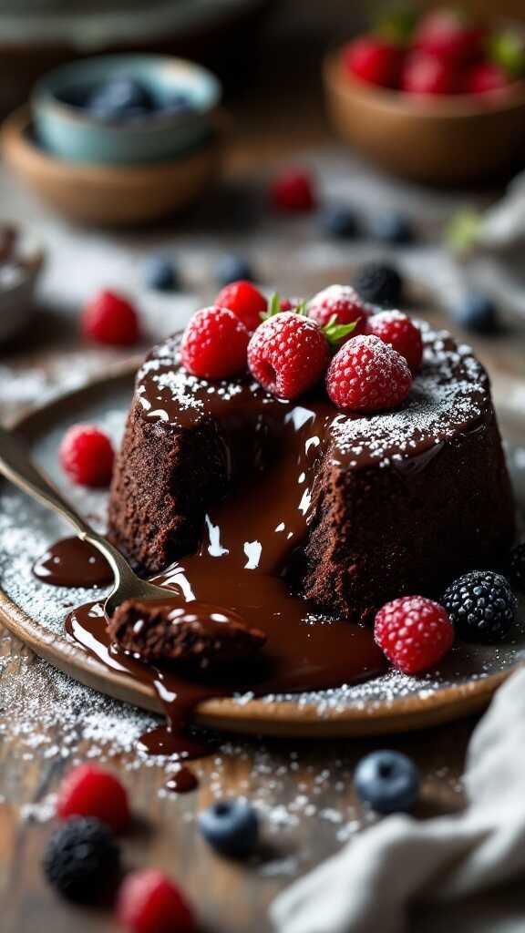 A rich vegan chocolate lava cake topped with fresh raspberries and blueberries, served on a rustic plate.