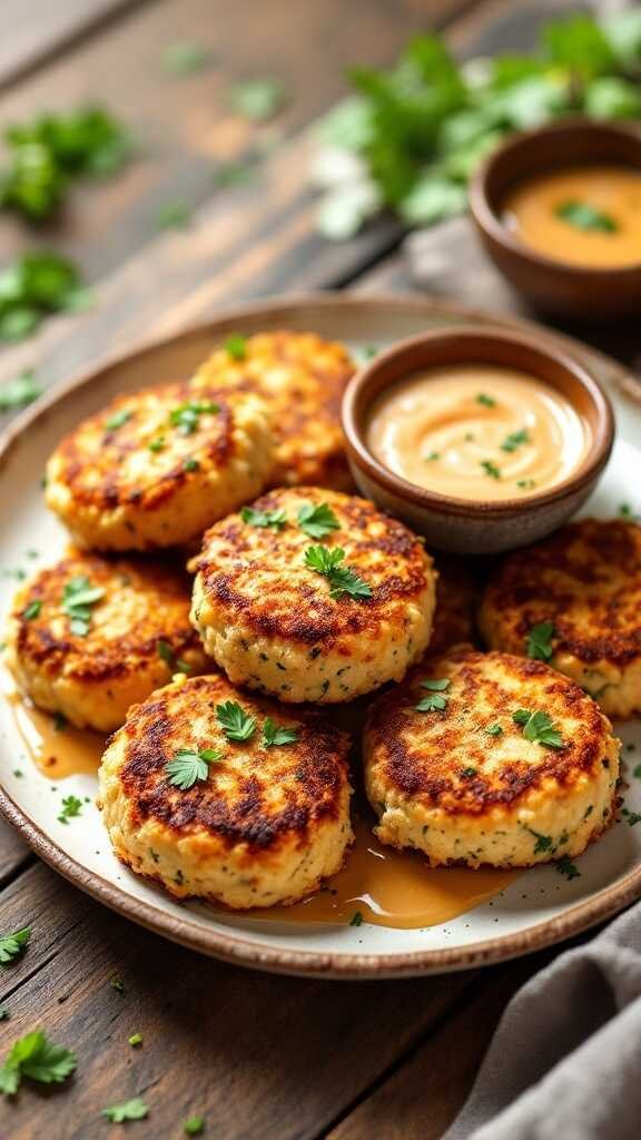 Plate of vegan crab cakes garnished with herbs, served with a dipping sauce.
