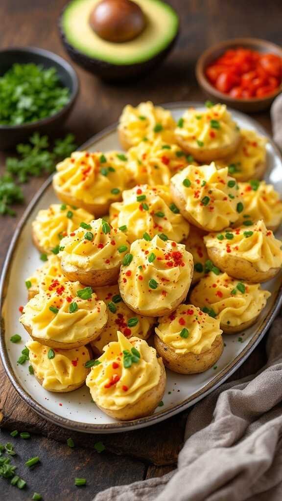 Plate of vegan deviled potatoes garnished with paprika and chives.