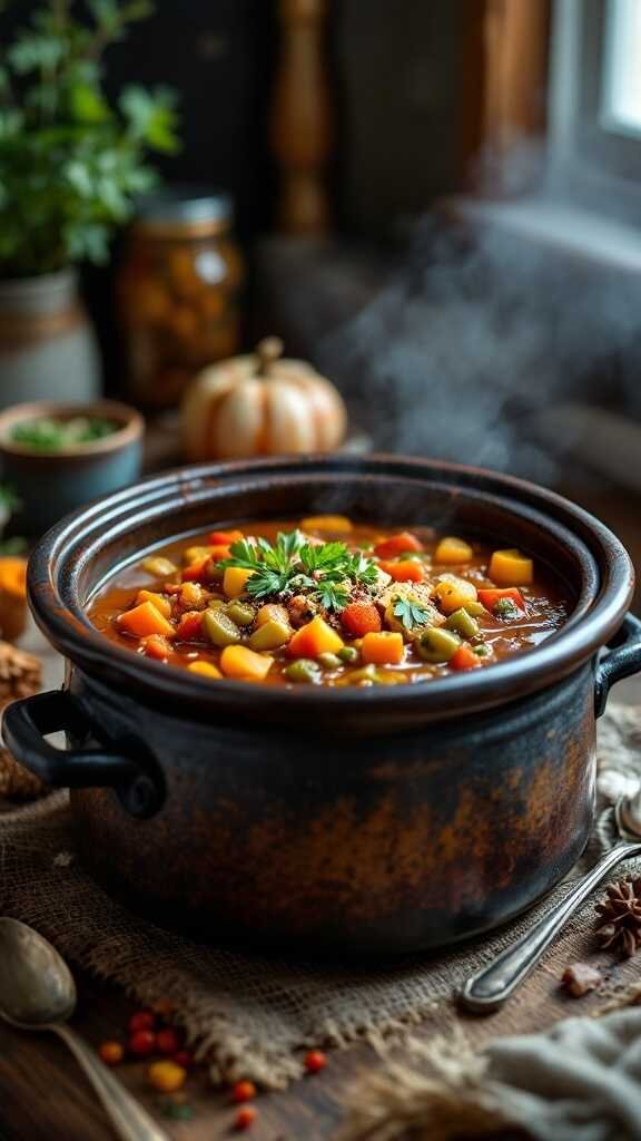 A bowl of hearty vegan gumbo filled with colorful vegetables, ready to be served.