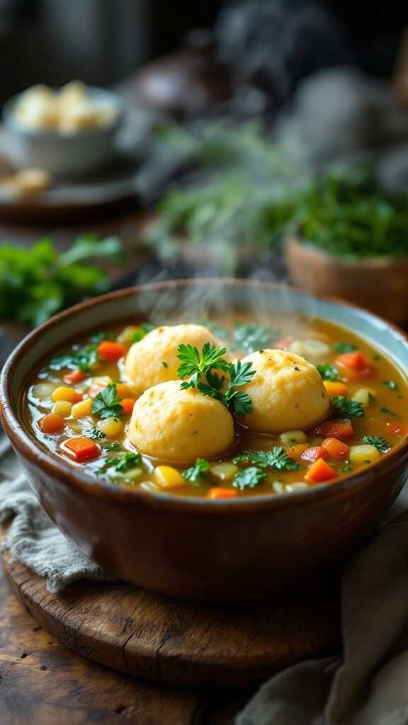 A bowl of vegan matzo ball soup with fluffy matzo balls and colorful vegetables