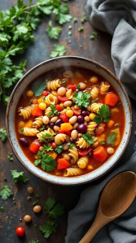 A steaming bowl of vegan minestrone soup filled with colorful vegetables and pasta.