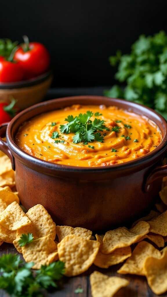 A creamy vegan nacho cheese dip served in a bowl, garnished with cilantro, surrounded by tortilla chips.