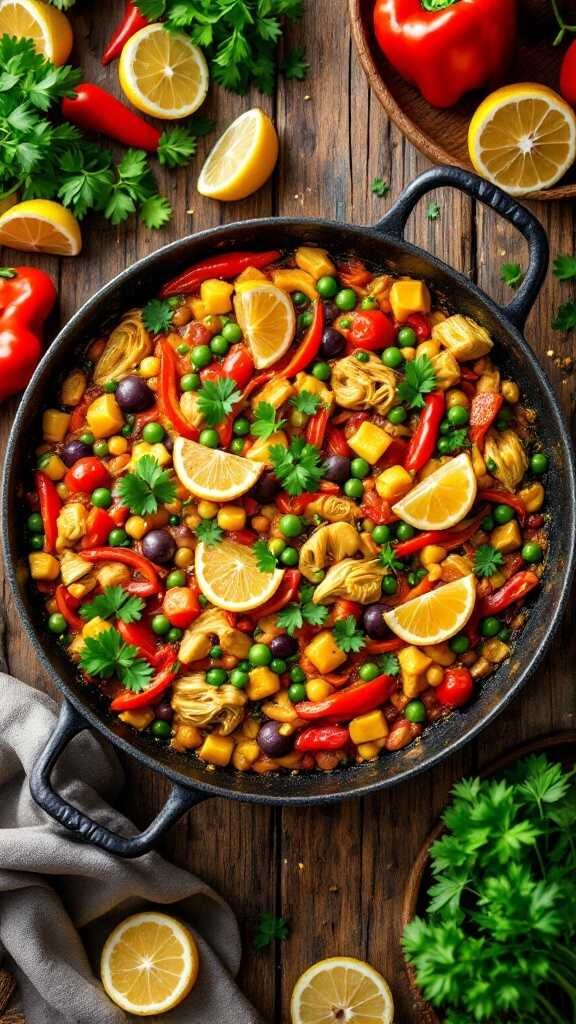 A colorful vegan paella with assorted vegetables and lemon slices.