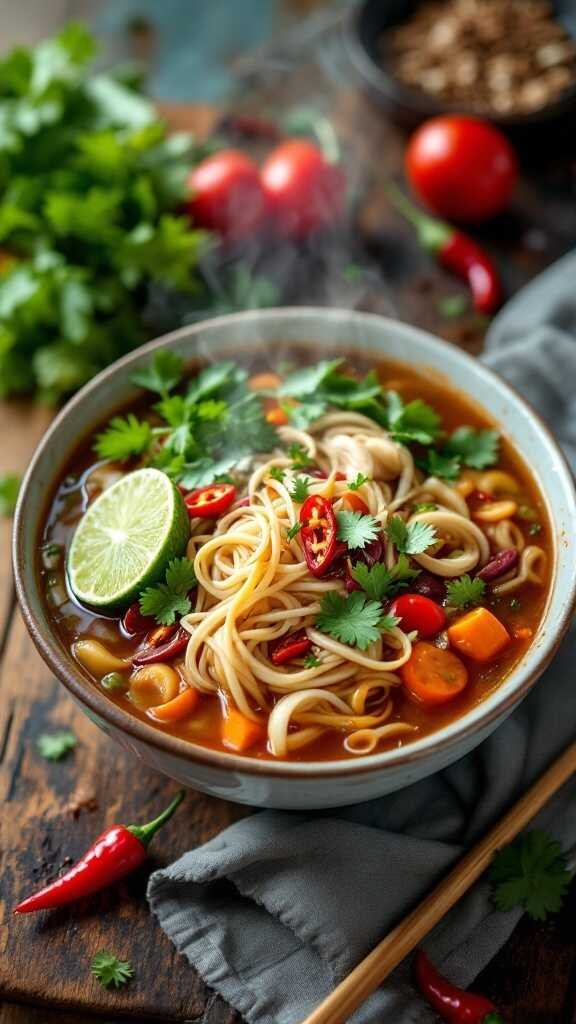 Vegan Pho soup with rice noodles, vegetables, and garnishes