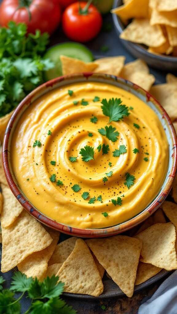 A bowl of creamy vegan queso dip garnished with cilantro, surrounded by tortilla chips.