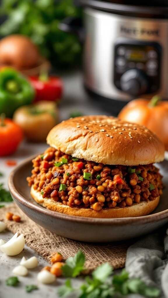 A plate of vegan sloppy joes with lentils and vegetables on a sesame seed bun.