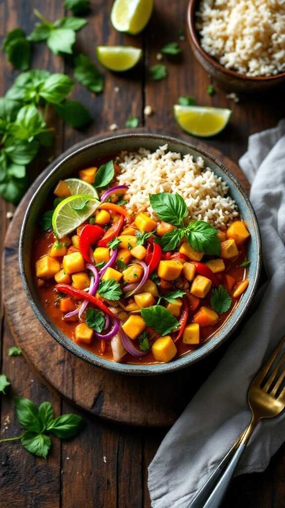 Bowl of vegan Thai Panang curry with vegetables and rice