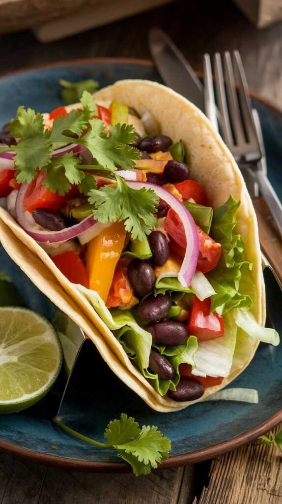 Vegetable and bean breakfast tacos with colorful toppings on a wooden board.