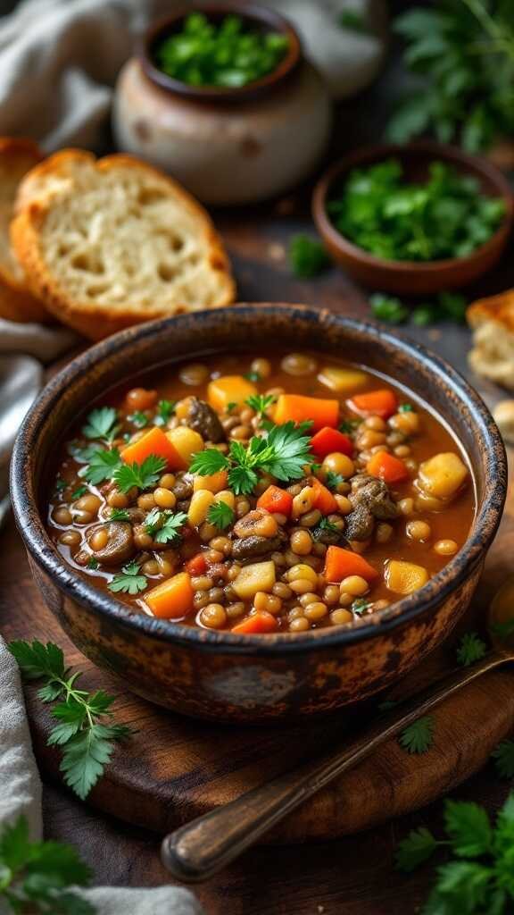 A bowl of vegetable and lentil stew garnished with herbs.