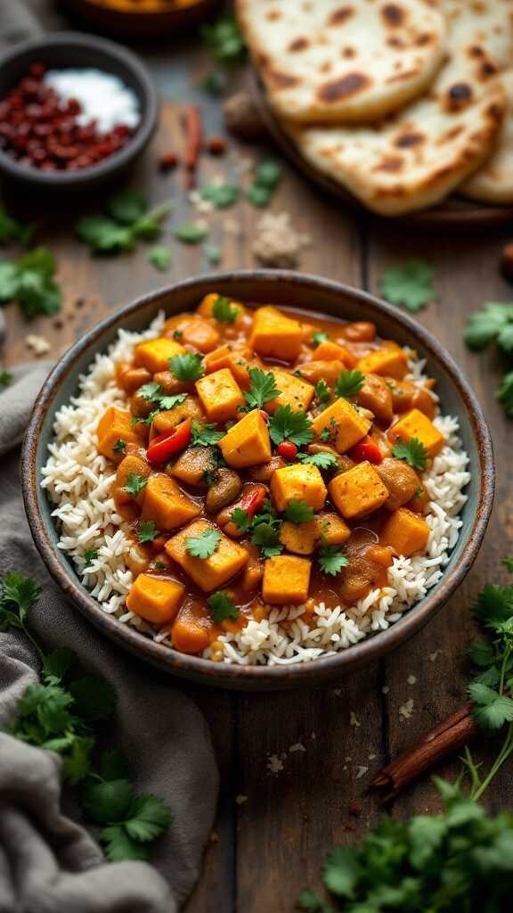 A bowl of Vegetable and Tofu Korma served with rice and garnished with cilantro.