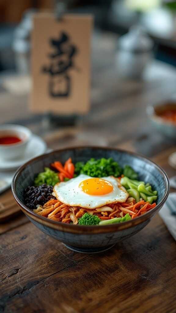 A bowl of vegetable bibimbap with assorted vegetables and a fried egg on top.