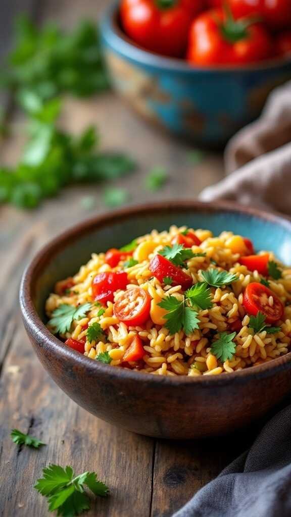 A bowl of vibrant Vegetable Jambalaya with fresh ingredients and herbs