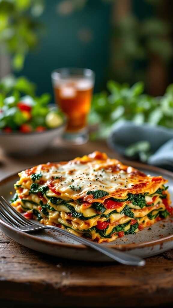 A serving of vegetable lasagna on a plate with fresh greens on the side.