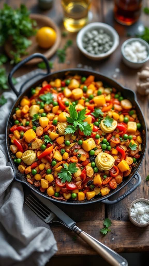 A colorful vegetable paella with a variety of vegetables and garnished with herbs in a skillet.