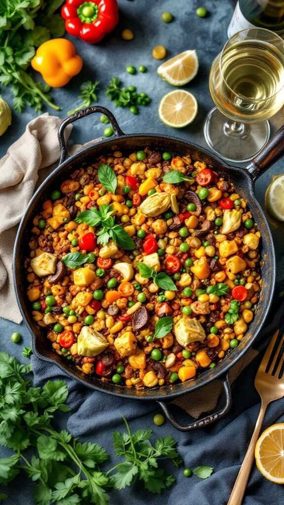 A colorful and hearty vegetable paella with various vegetables, garnished with parsley and lemon.