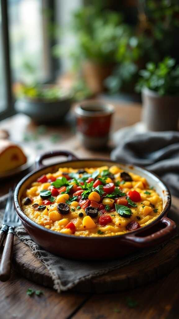 A delicious Vegetable Polenta Bake filled with colorful vegetables and garnished with fresh herbs.