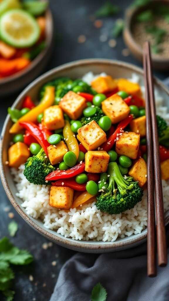 A colorful bowl of vegetable stir-fry with tofu served over fluffy rice, garnished with sesame seeds and green onions.