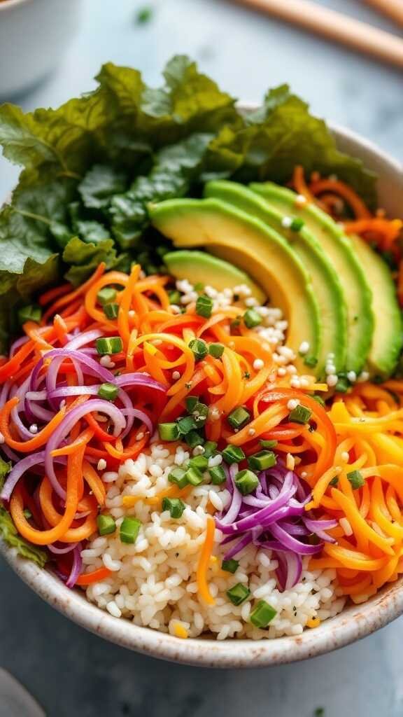 A colorful vegetable sushi bowl with spiralized carrots, cucumbers, and avocado slices.