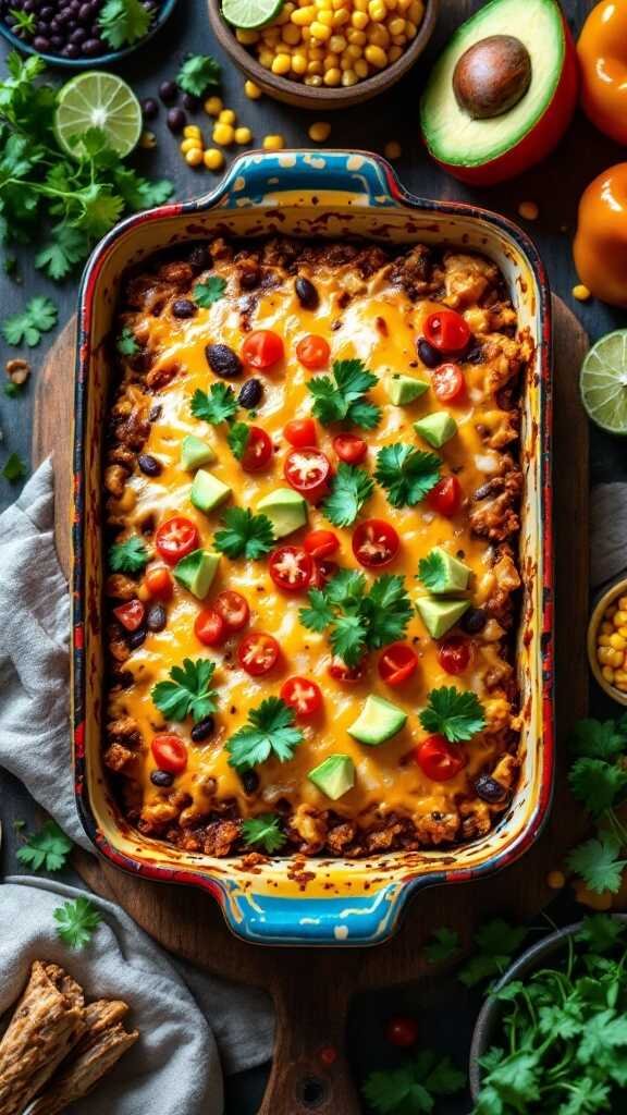 A colorful Vegetarian Burrito Casserole topped with fresh vegetables and cheese.