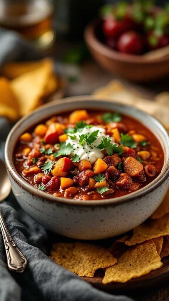 A bowl of vegetarian chili garnished with cilantro, served with tortilla chips