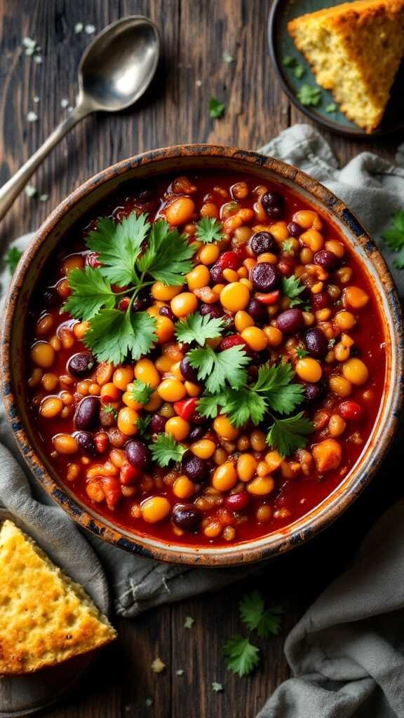 A bowl of colorful vegetarian chili topped with cilantro, next to cornbread.