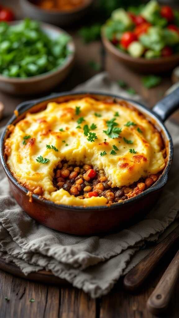 Vegetarian Shepherd's Pie in a baking dish topped with mashed potatoes