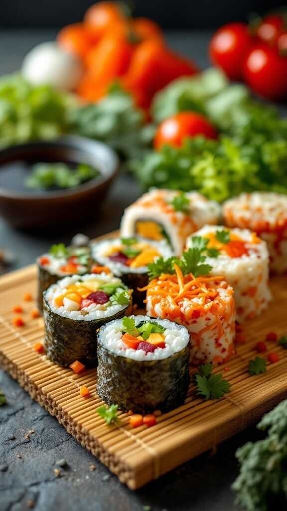 Colorful vegetarian sushi rolls on a bamboo mat, garnished with green herbs.