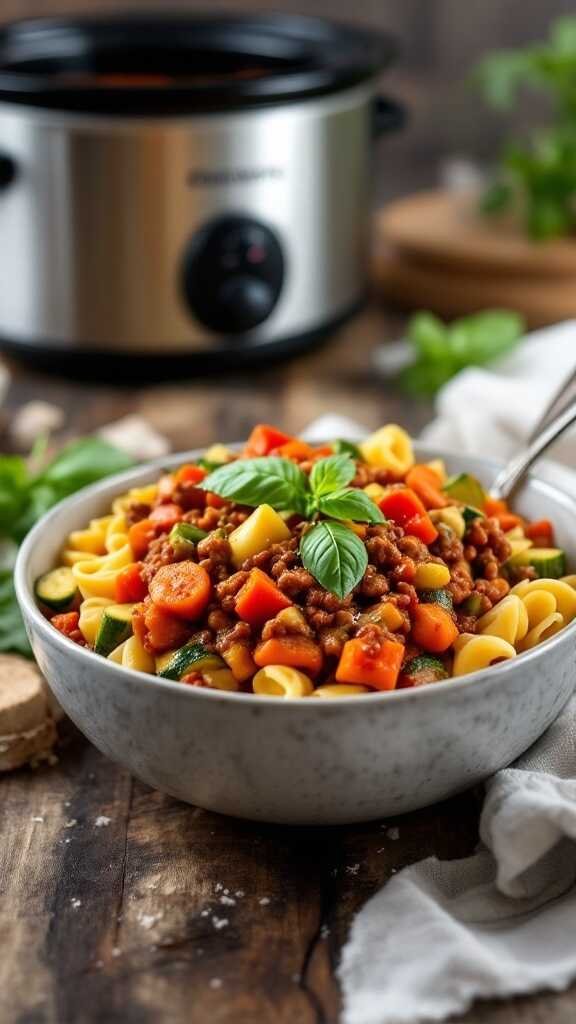 A bowl of veggie-loaded bolognese pasta topped with fresh basil.