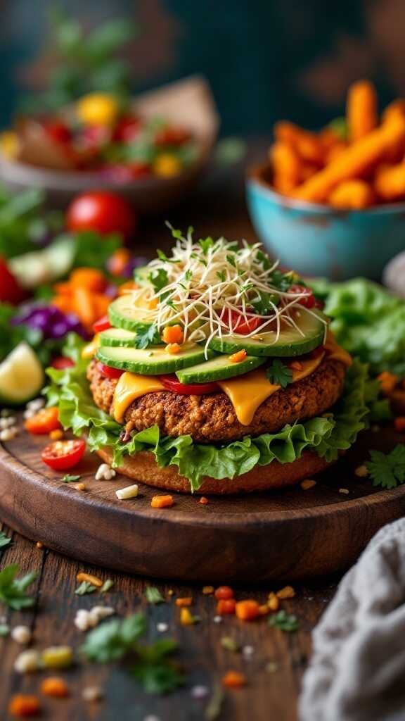 A colorful veggie burger topped with avocado and sprouts, served on a wooden platter.