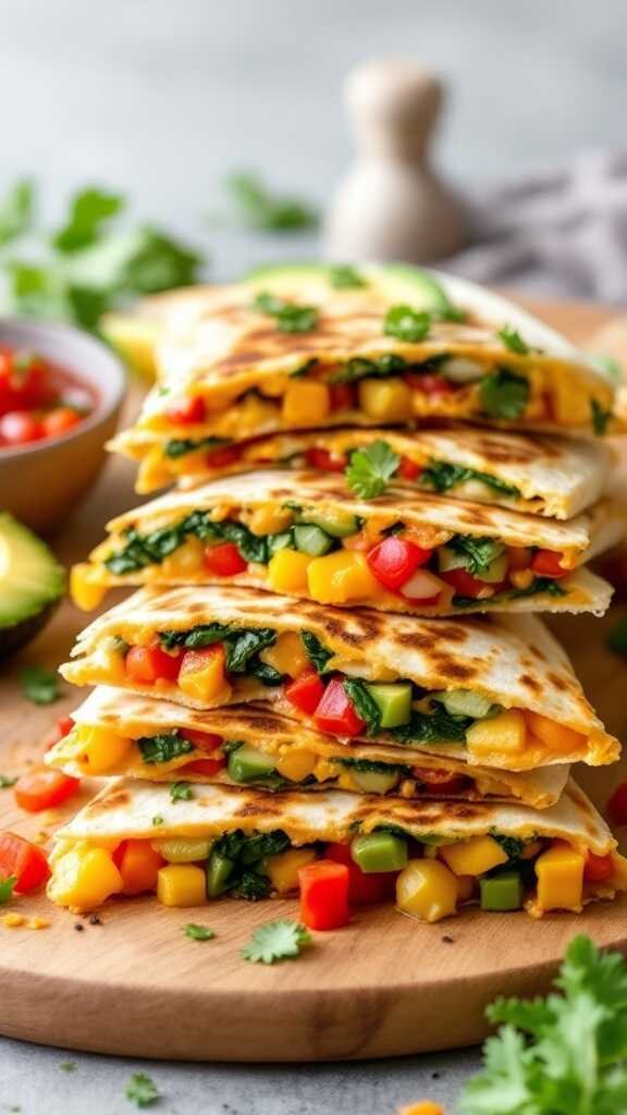 Delicious veggie quesadillas stacked and garnished with cilantro.